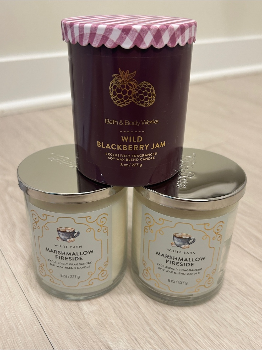 Bath & Body Works (NWT) 3–1 wick candles: Marshmallow Fireside & Blackberry Jam